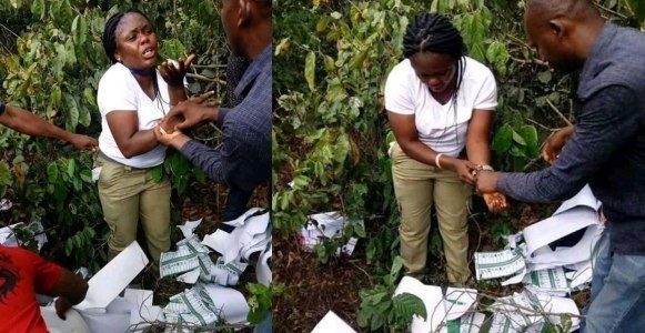 Female Corps member caught in the bush destroying ballot papers in Imo (Photos)