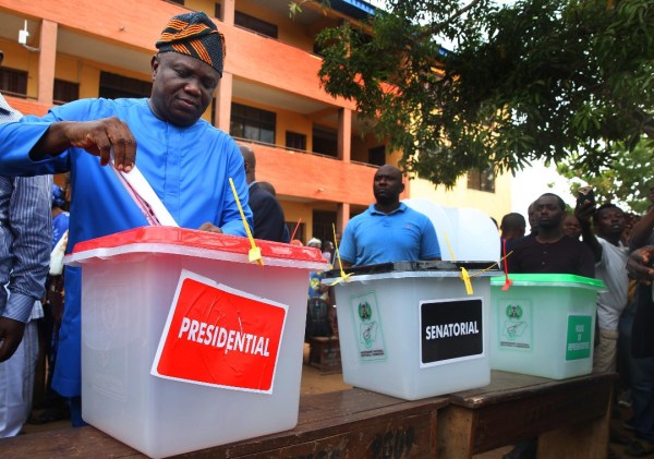 Lagos State Governor, Mr. Akinwunmi Ambode; casts his vote during the Presidential and NASS Elections at Ward A5 Polling Unit 033, Ogunmodede College, Papa, Epe, on Saturday, February 23, 2019.