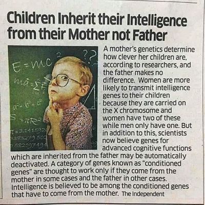 "Children Inherit Their Intelligence From Their Mother Not Father" - Research