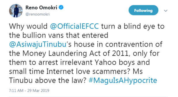 "EFCC Turns A Blind Eye At Tinubu But Arrest Yahoo Boys" - Reno Omokri 