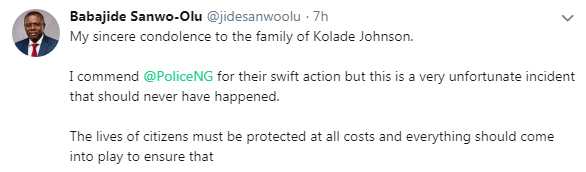 Sanwo-Olu Reacts To The Death Of Kolade Johnson, Killed By SARS