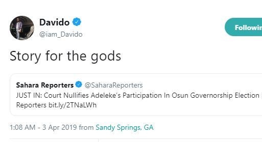 ?Story for the gods? ? Davido reacts to Senator Adeleke?s election nullification over 