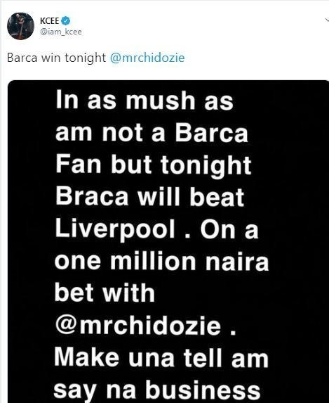 Kcee loses?1million naira bet following Barcelona