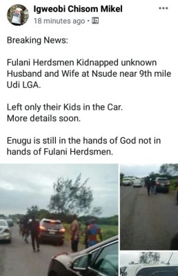  Suspected herdsmen allegedly kidnap couple at 9th Mile, Enugu, leave their children in the car