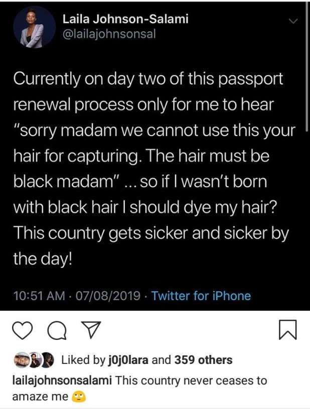 Laila Johnson-Salami says she was asked to dye her naturally blonde hair before being allowed to renew passport