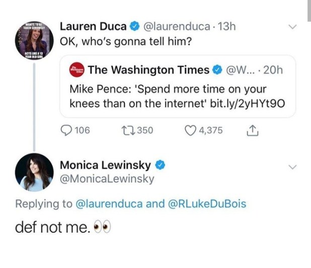 Monica Lewinsky makes cheeky oral sex joke in response to Mike Pence