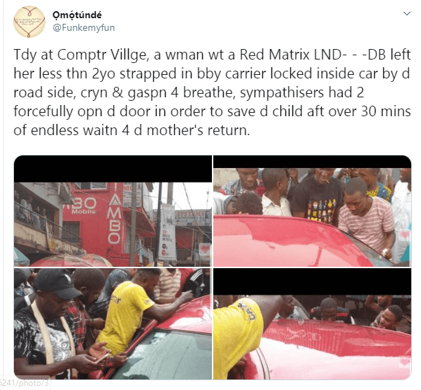 Baby gasping for air after being locked up in a car by his mum, rescued by traders in Lagos (video)