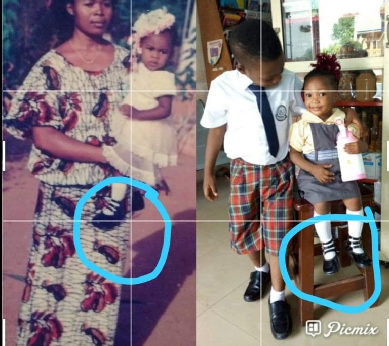 The little girl rocking her mother's sandals of 34 years