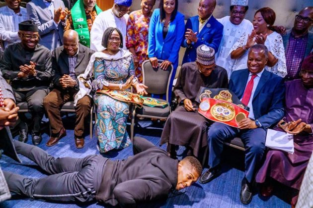 Anthony Joshua presents world titles to President Muhammadu Buhari