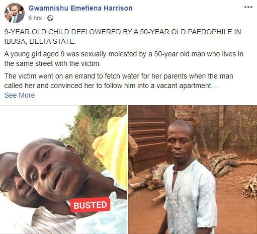 50 year old man arrested for allegedly defiling 9 year old girl in Delta (photo)