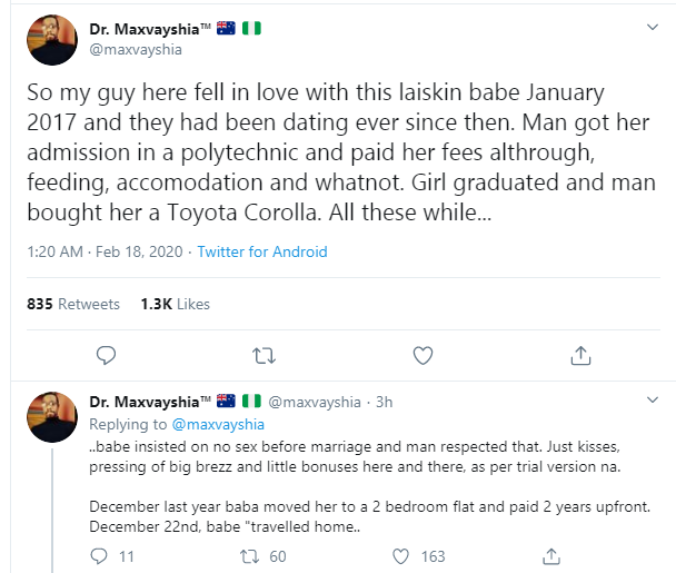 Twitter user recounts how his friend was dumped by a lady he trained in school, for a car electrician 