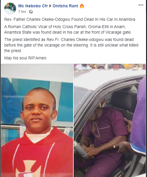Catholic Priest found dead in his car in Anambra lindaikejisblog 1
