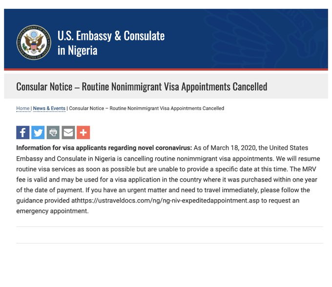 Coronavirus: US cancels all visa appointments in Nigeria 