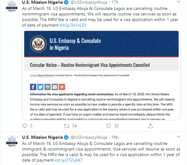 Coronavirus: US cancels all visa appointments in Nigeria 