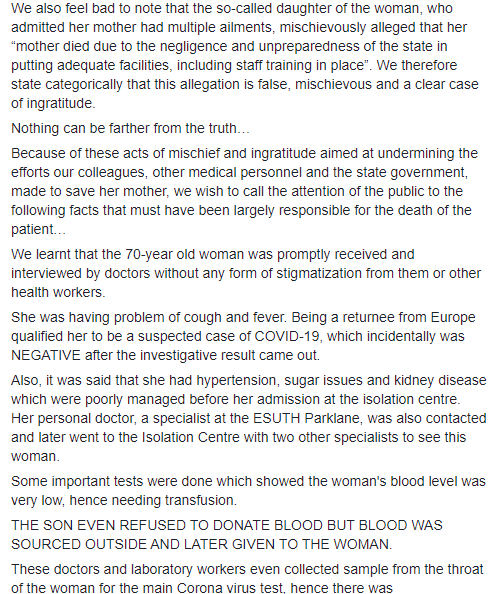 Enugu state health workers respond as daughter writes to Enugu state governor, claiming her mom died of negligence after testing negative to coronavirus