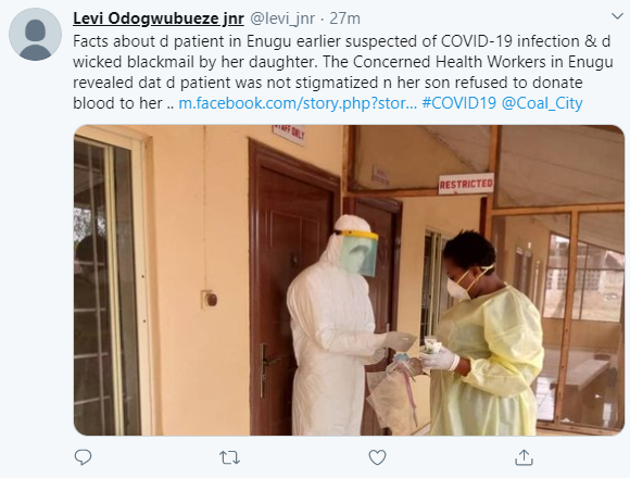 Enugu state health workers respond as daughter writes to Enugu state governor, claiming her mom died of negligence after testing negative to coronavirus