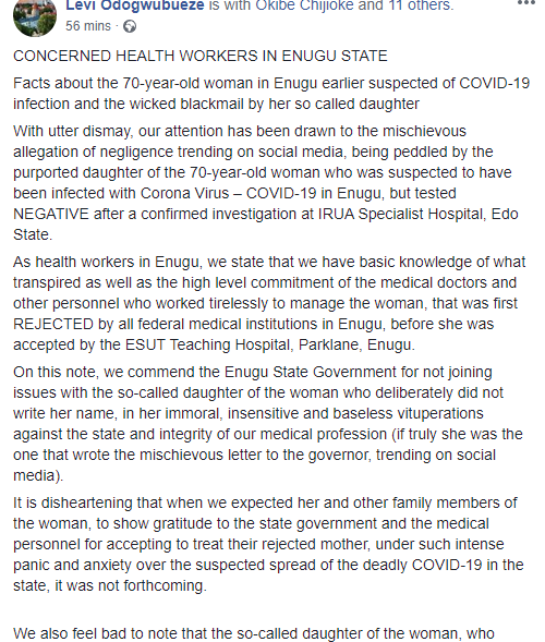 Enugu state health workers respond as daughter writes to Enugu state governor, claiming her mom died of negligence after testing negative to coronavirus