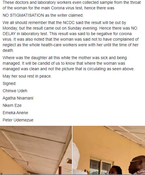 Enugu state health workers respond as daughter writes to Enugu state governor, claiming her mom died of negligence after testing negative to coronavirus