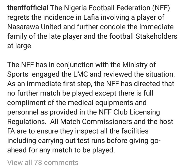 NFF reacts to the death of Nasarawa United player Chieme Martins, halts all NPL games