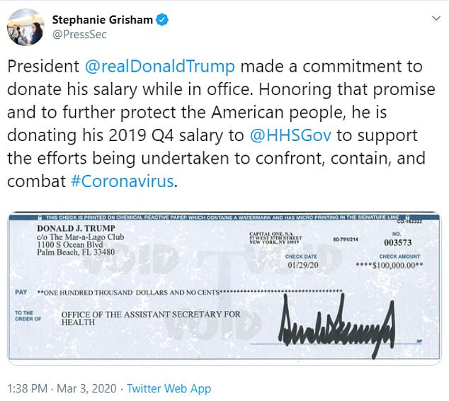  Donald Trump donates his $100,000 salary to help fight coronavirus