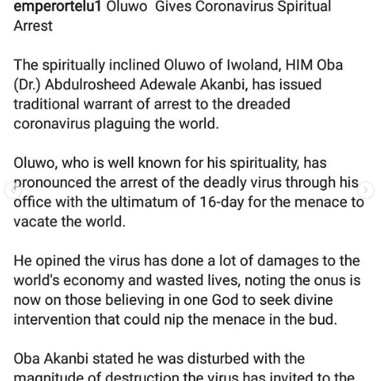 Oluwo of Iwo issues spiritual warrant of arrest for Coronavirus (video)