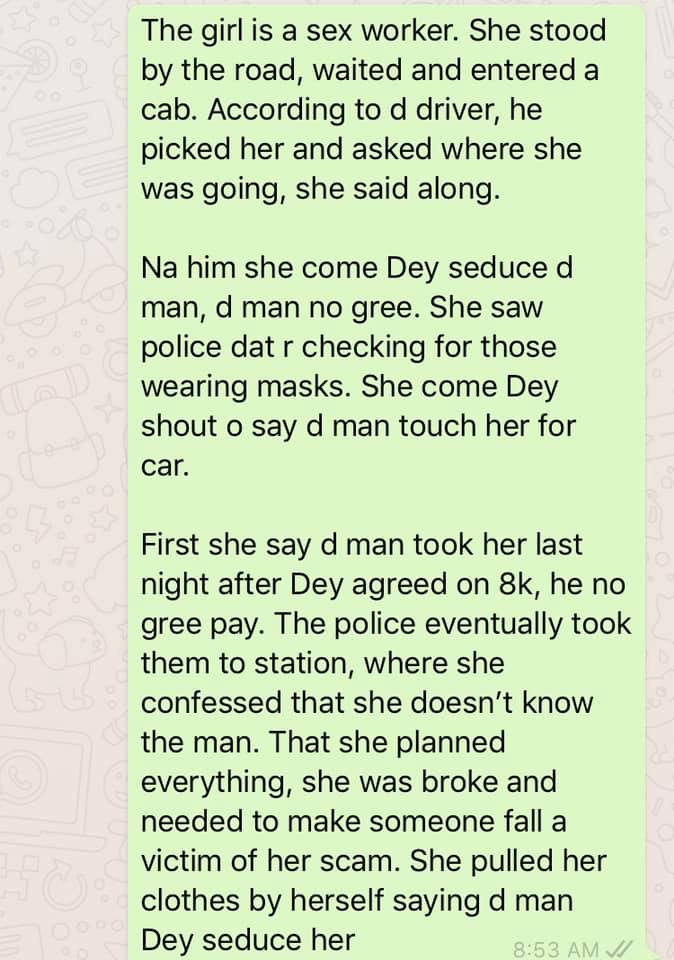 Prostitute allegedly confesses to lying against a cab man for money, after stripping to her underwear in Calabar lindaikejisblog