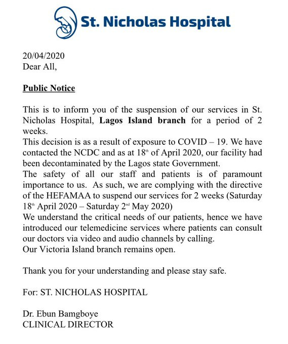 St. Nicholas Hospital in Lagos suspends services for two weeks over exposure to Coronavirus 