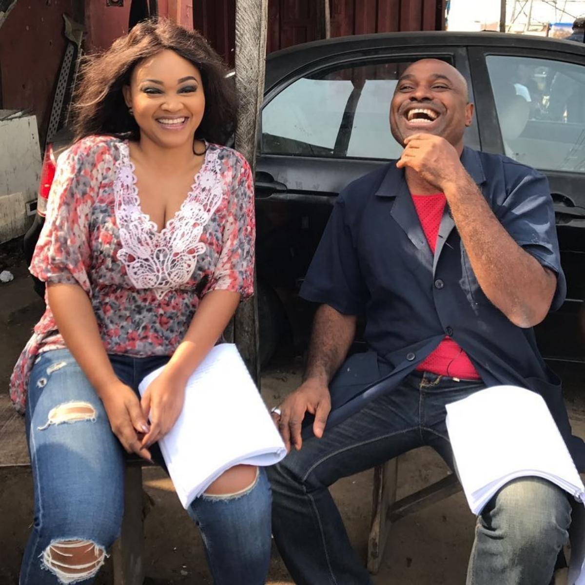 Mercy Aigbe and Kenneth Okonkwo on set