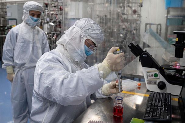 PHOTO: An engineer takes samples of monkey kidney cells as he make tests on an experimental vaccine for the COVID-19 coronavirus inside the Cells Culture Room laboratory at the Sinovac Biotech facilities in Beijing, April 29, 2020. (Nicolas Asfouri/AFP via Getty Images)