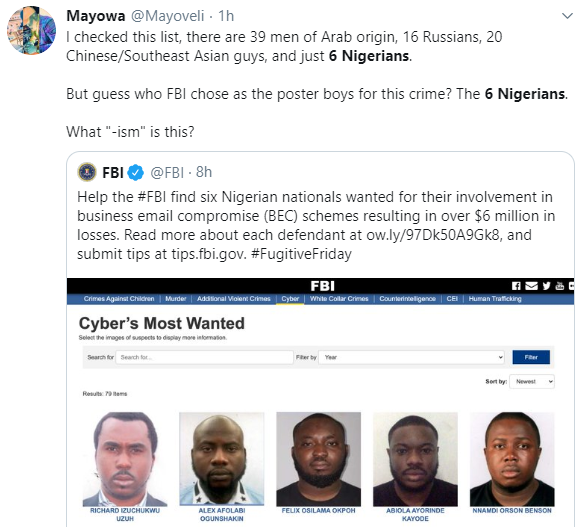 Nigerians condemn FBI for focusing on 6 Nigerians on the wanted list when there are more numbers of suspects from other nationality