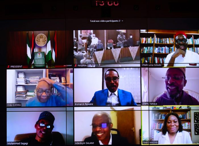 PRESIDENT BUHARI IN A VIRTUAL MEETING WITH MEMBERS OF ECONOMIC ADVISORY COUNCIL OA The President Muhammadu Buhari virtual meeting with Members of the Economic Advisory Council held at the Council Chambers State House, Abuja. PHOTO; SUNDAY AGHAEZE. JUNE 30 2020