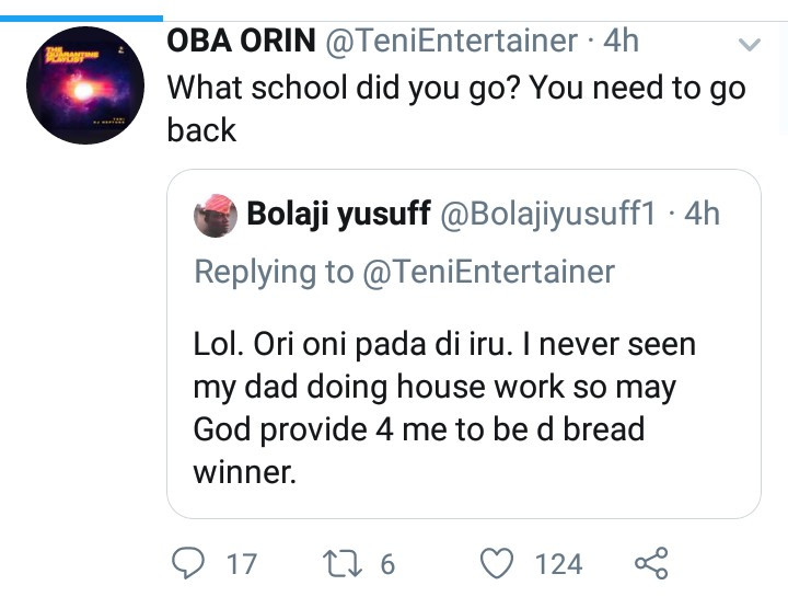 Teni blasts man who objected to men doing house chores because he never saw his father do it