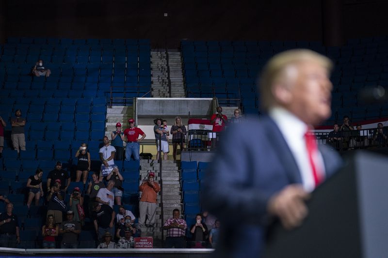 President Trump speaks during a campaign rally at the BOK Center, Saturday, June 20, 2020, in Tulsa, Okla. (AP Photo/Evan Vucci)