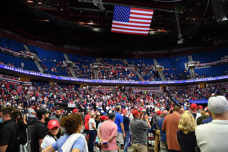 The upper section of the arena is seen partially empty as President Trump speaks during a campaign rally at the BOK Center on June 20, 2020 in Tulsa, Okla.