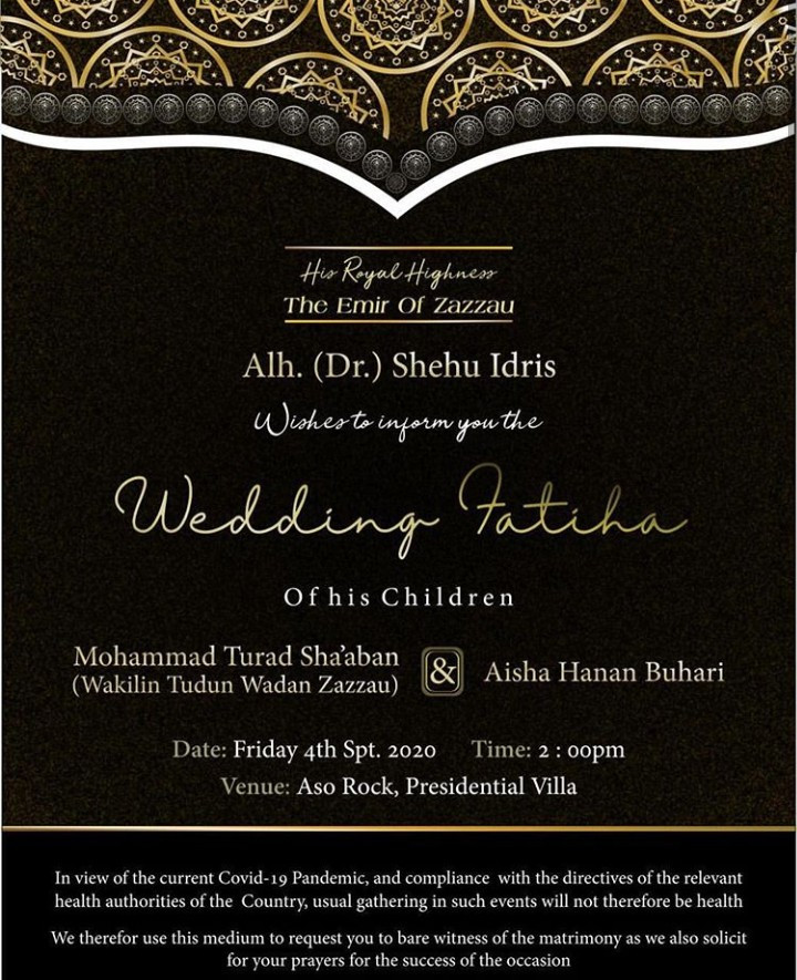 Wedding invitation of President Buhari?s daughter, Hanan, 22, to Turad Sha?aban is released