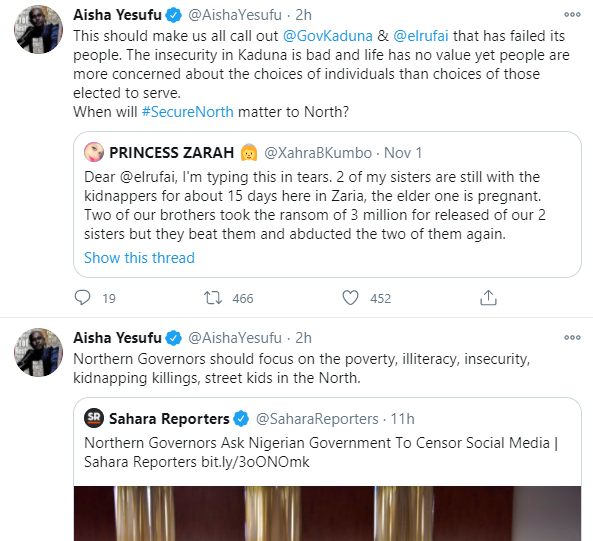 The insecurity in Kaduna is bad and life has no value - Aisha Yesufu calls out Governor El-Rufai 