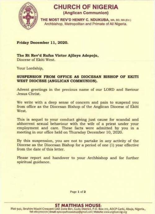 Anglican Church Suspends Ekiti Bishop After He Confessed To Having Sεx With Priest's Wife 2