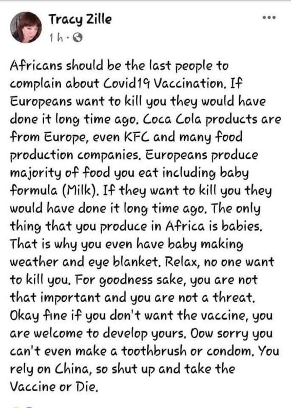 "Africans Are Not Important... If Not For Us, They Will Be Smelling Like Dead Rats" - Tracy Zille 2