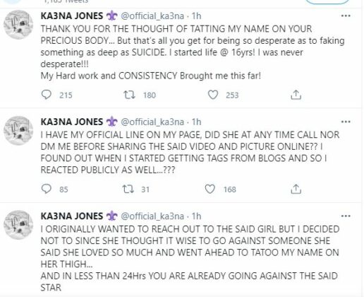 "You're Very Desperate" - Ka3na Reacts After Fan Who Tattooed Her Name Attempted Suicide 2