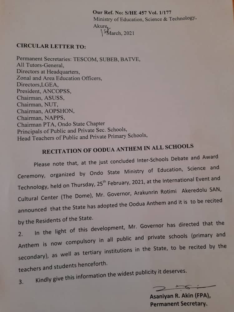 Governor Akeredolu Orders Compulsory Recitation Of Oodua Anthem In All Ondo Schools 2