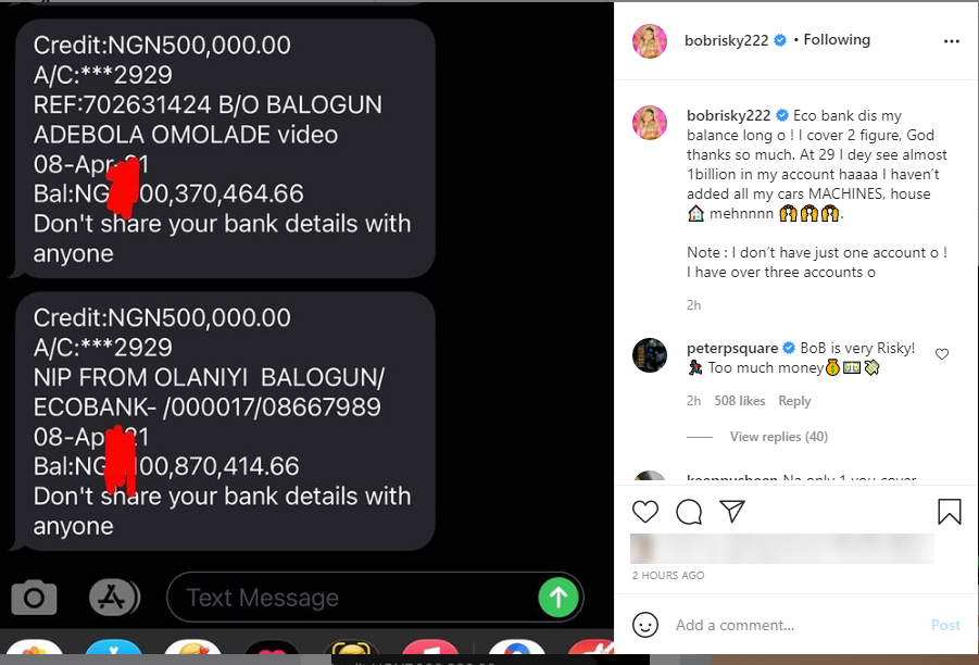 Peter Okoye Reacts As Bobrisky Shows Off His Bank Account Balance Of Almost N1 Billion 2