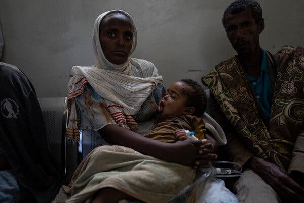 Mebrihit Gebriel with her niece at a hospital in Mekelle in the Tigray region of Ethiopia in March. Aid workers say 5.2 million people urgently need relief aid in Tigray.