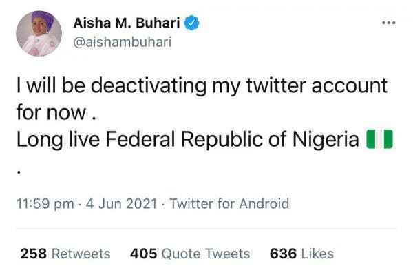 "Long Live Nigeria" - First Lady Aisha Buhari Says As She Deactivates Her Twitter Account 2