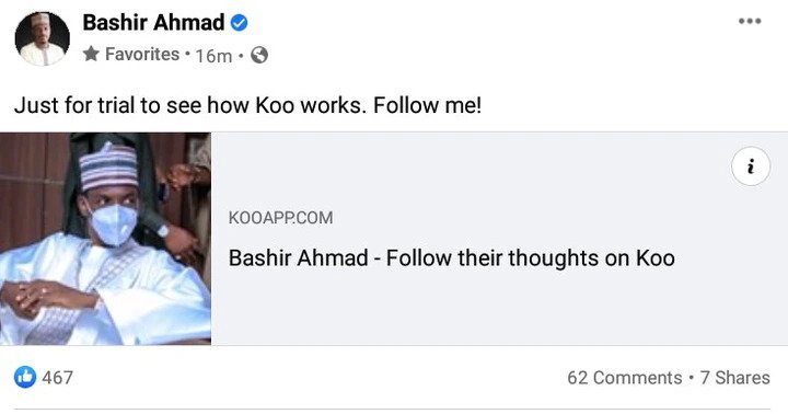 Twitter Ban: Buhari’s Aide, Bashir Ahmad Promotes Indian Social Media Platform 'Koo App' 2