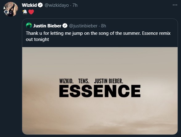 Wizkid Reacts As Justin Bieber Thanks Him For "Essence" Remix Featuring Tems 1