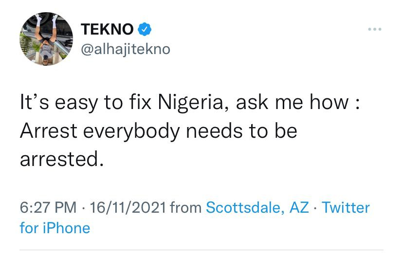 "Arrest Everybody That Needs To Be Arrested" - Tekno Reveals How To Fix Nigeria