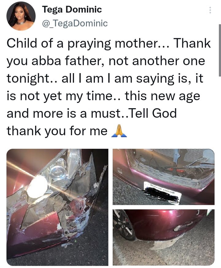 "It Is Not Yet My Time" - BBNaija’s Tega Says After Surviving Ghastly Car Accident