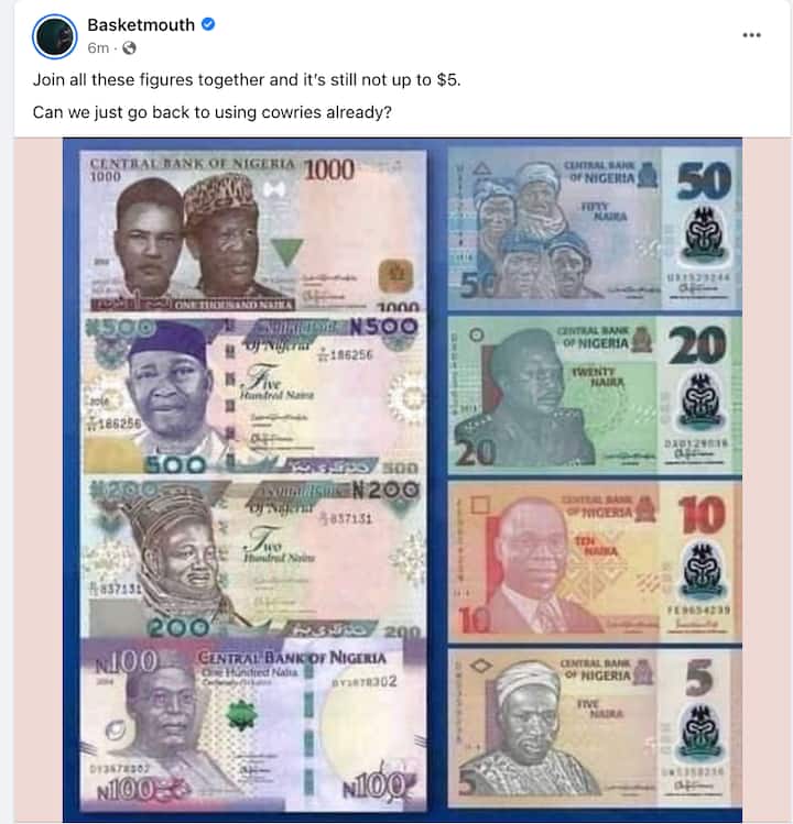 CBN Should Reintroduce Cowries, All Naira Notes Added Together Is Less Than $5 - Basketmouth