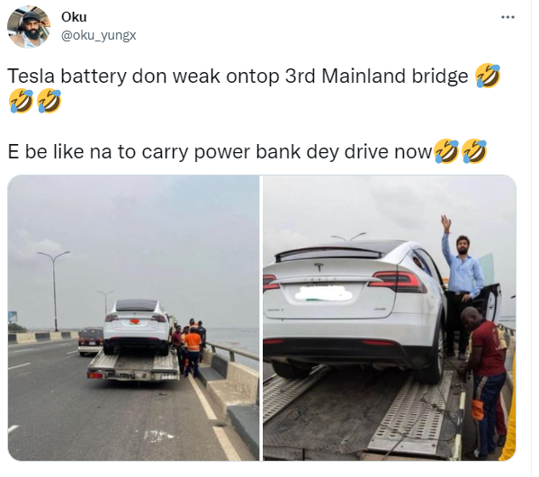 Tesla Car Battery Dies On Third Mainland Bridge In Lagos [Photos]