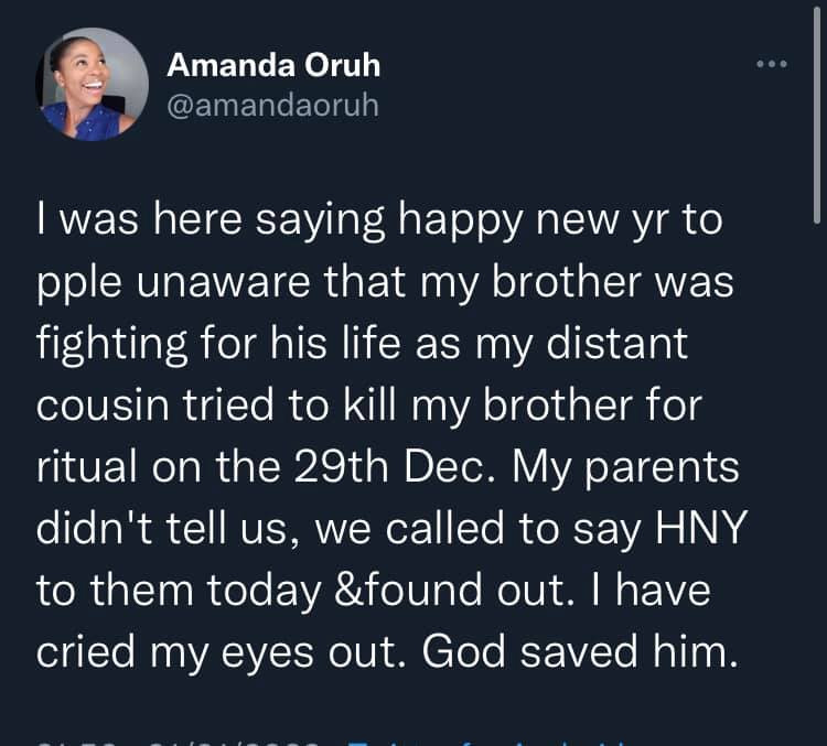 Actress Amanda Oruh narrates how her brother was almost used for ritual in December by their cousin for N500k 